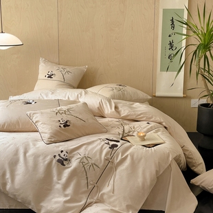 2025新款全棉新中式100支国风提花熊猫刺绣四件套南通叠石桥家纺