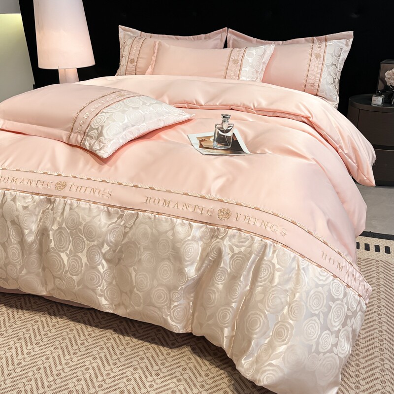 2026春夏新款细斜纹贡缎亮丝提花丝柔面料重工刺绣四件套叠石桥