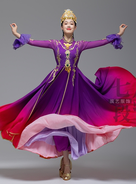 少数民族新疆维族古丽艺考重工紫色女款大摆高端舞蹈服装租赁定制