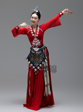 少数民族舞蹈演出服山顶同款苗族盛装红黑色桃李杯艺考表演服出租