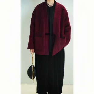 闲庭颂 篙奢羊驼羊毛混纺圈圈毛感慵懒新中式无领大衣女冬季