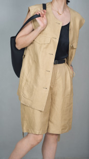 套装 天然斜纹亚麻奢美收腰显瘦马甲女外套五分裤 张张本张