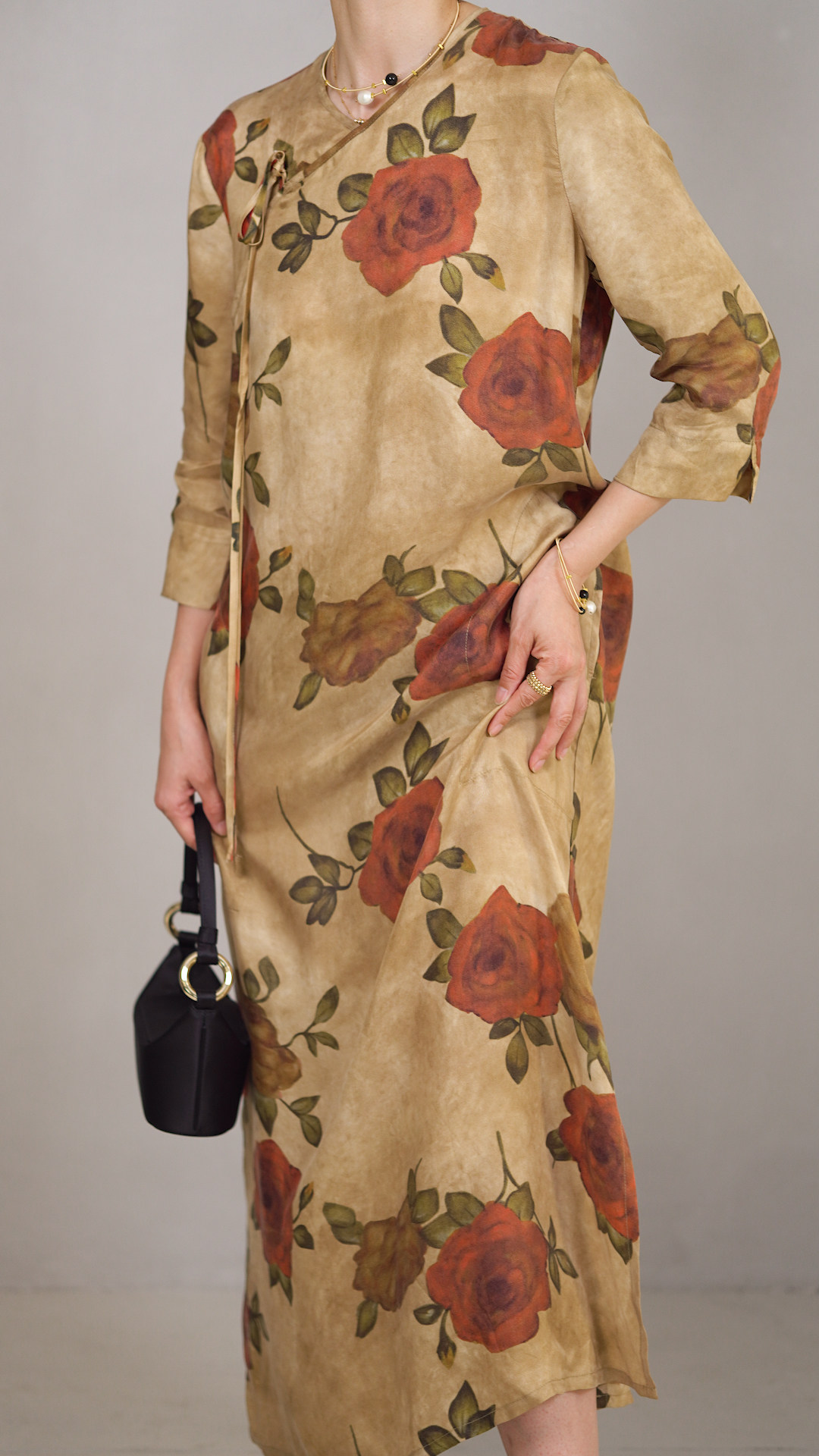 【张张本张】小众 新中式风 玫瑰印花 女士旗袍连衣裙系带连衣裙