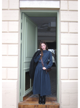 soolrok 松未韵一 小众两翻领格纹假两件连衣裙收腰显瘦长裙