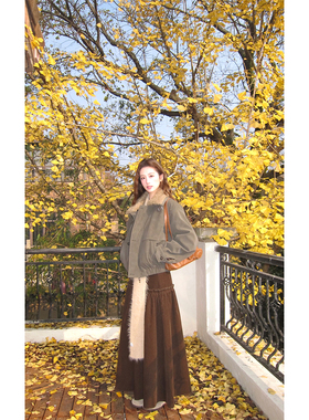 soolrok 松未韵一 氛围感两色复古拼接纹长裙独特抽褶中长款半裙