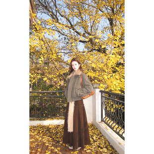 半裙 氛围感两色复古拼接纹长裙独特抽褶中长款 soolrok 松未韵一