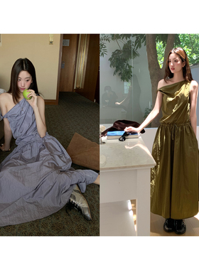 soolrok 松未韵一   一字领斜肩纽结无袖抽绳收腰连衣裙时髦长裙