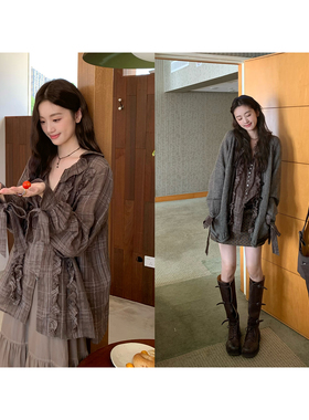 soolrok 松未韵一 暗岛初秋 木耳边翻领蝴蝶结棉麻绑带v领衬衫