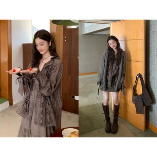 soolrok 松未韵一 暗岛初秋 木耳边翻领蝴蝶结棉麻绑带v领衬衫