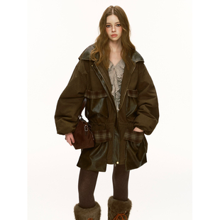 棉服外套 格纹拼做旧皮抽绳收腰工装 soolrok 松未韵一