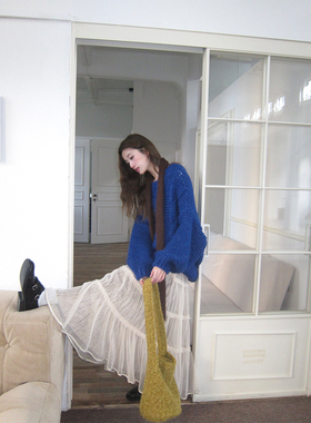 soolrok 松未韵一 克莱因蓝圆领羊毛绒针织毛衣显白麻花上衣