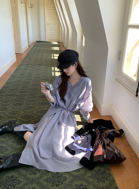 soolrok 松未韵一  紫鸢玲苔 天丝麻气质木耳边V领两穿连衣裙长裙