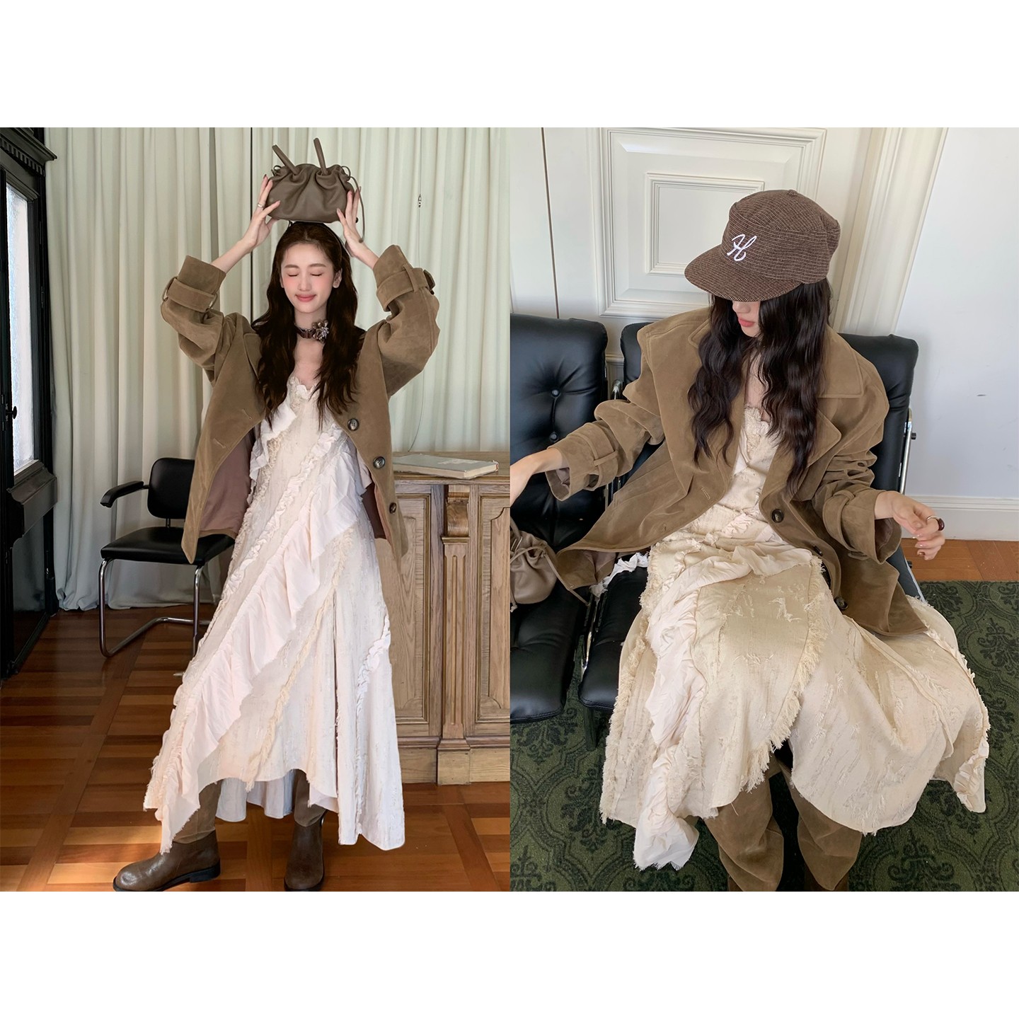 soolrok 松未韵一 漫梨白  重工不规则荷叶边抽褶连衣裙V领长裙