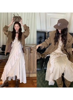 soolrok 松未韵一 漫梨白  重工不规则荷叶边抽褶连衣裙V领长裙