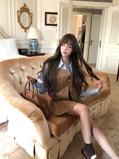 女小众马甲短裙 soolrok 松未韵一 里欧回忆录 棕色慵懒风方领套装