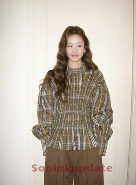soolrok 松未韵一 复古打揽泡泡袖格纹衬衫小众收腰显瘦叠穿上衣