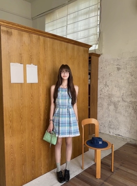 soolrok 松未韵一 薄雾森林 无袖格纹系带连衣裙通勤收腰花边短裙