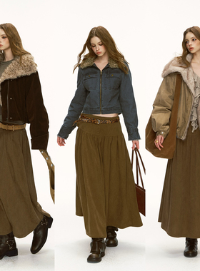 soolrok 松未韵一  灯芯绒抽褶直氛围感复古中长款半裙