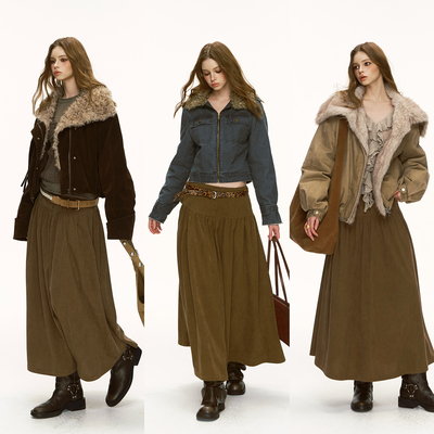 松未韵一灯芯绒抽褶中长款半裙