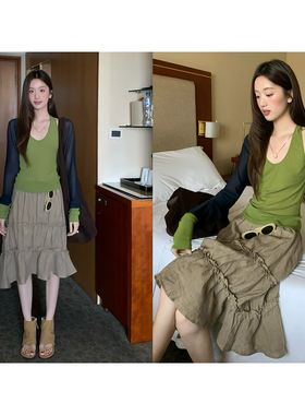 soolrok 松未韵一  不规则裙摆木耳边亚麻半身裙抽褶气质文艺中裙