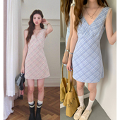 soolrok 松未韵一 两色v领网纱拼接连衣裙女显白收腰格纹背心短裙