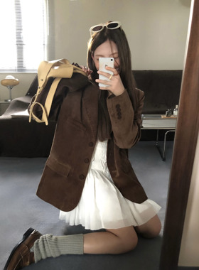 soolrok 松未韵一 复古咖啡棕灯芯绒西装外套女百搭宽松气质上衣