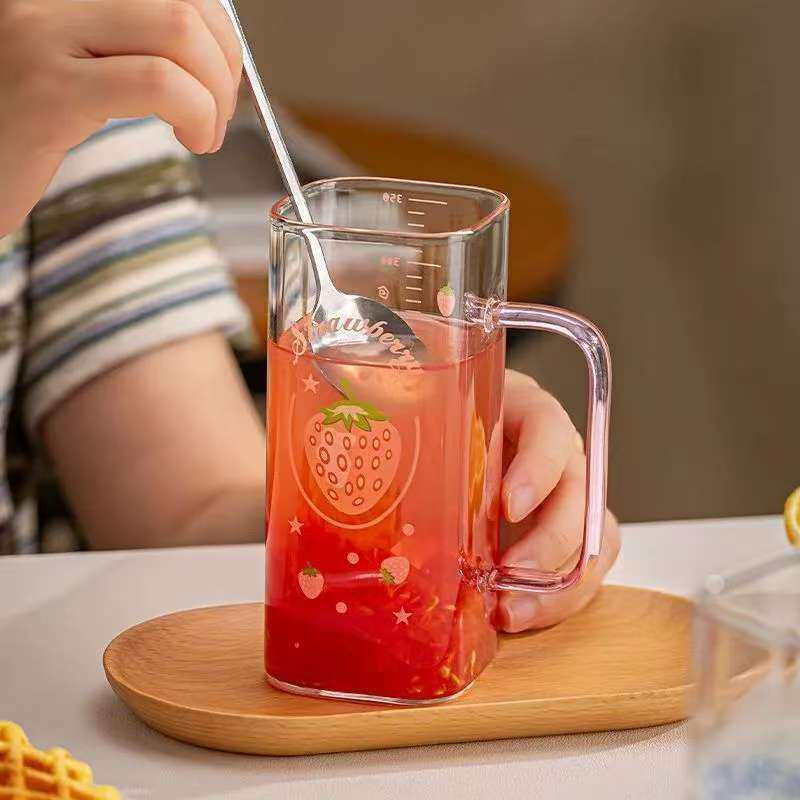 简约杯子高颜值玻璃杯吸管直身方杯牛奶饮料水杯咖啡杯耐高温刻度