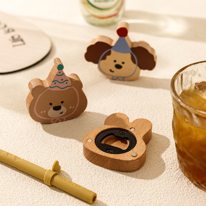 可爱卡通动物头像磁吸木质开瓶器