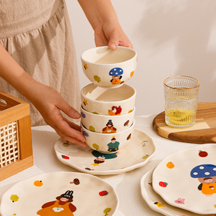 特别好看的碗一家三口四口陶瓷米饭碗家用可爱儿童碗盘子亲子餐具