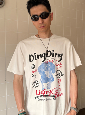 HASOBASO美式复古卡通腊肠犬印花短袖T恤男女宽松休闲上衣