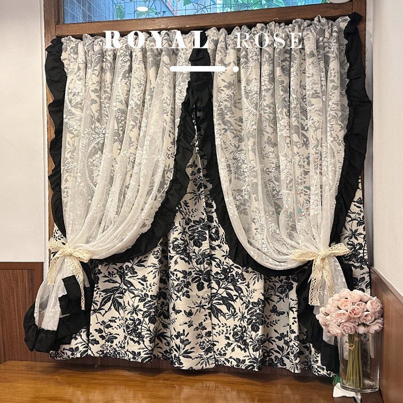 法式小香风黑白轻奢窗帘卧室客厅高级感蕾丝花边纱帘玫瑰双层遮光