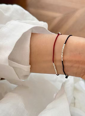 S925纯银碎银子手绳手链女简约手工编织抽拉可调节叠戴百搭小红绳