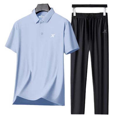 特步运动套装男夏季短袖长裤POLO衫正品男士冰丝速干休闲衣俩件套