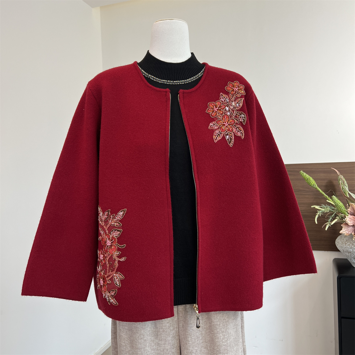 妈妈秋装唐装红上衣服外套中式