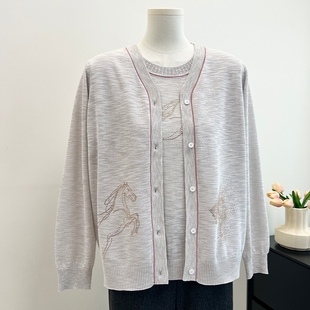 妈妈春装新款洋气两件套中老年女装春夏季高贵阔太太针织上衣套装