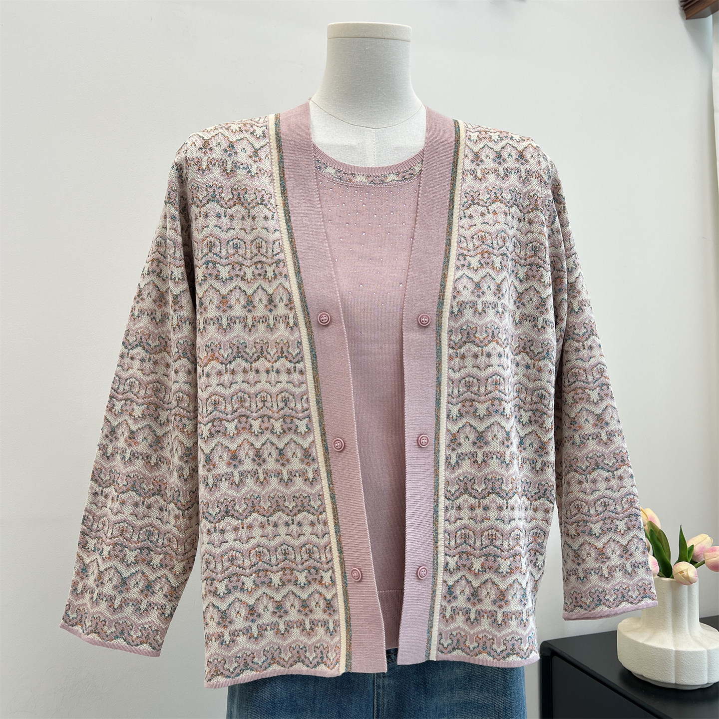 时尚妈妈春装针织开衫两件套2026新款中老年女装内搭短袖上衣套装