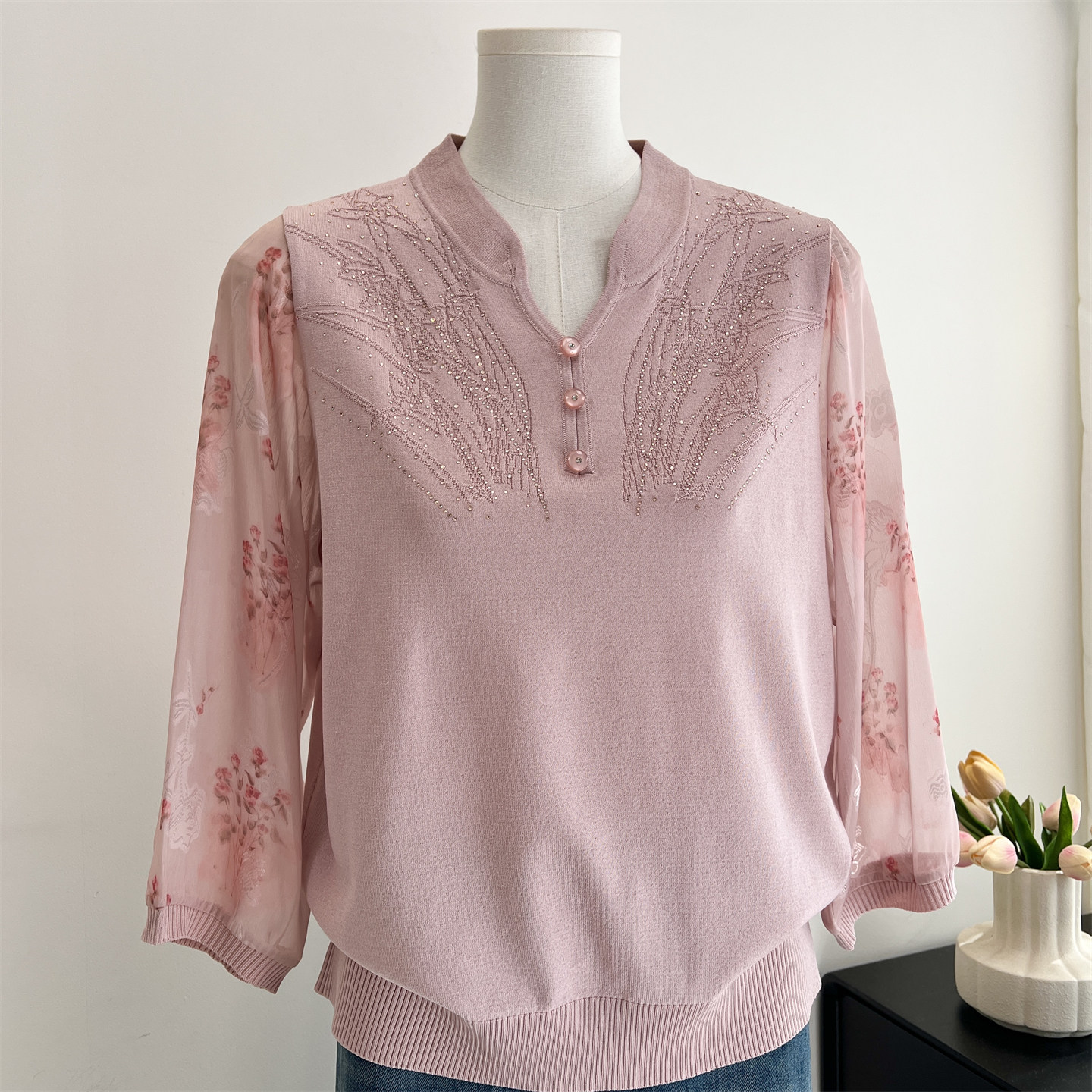 洋气妈妈春装薄款针织小衫中老年女装新款春夏气质上衣纱袖打底衫