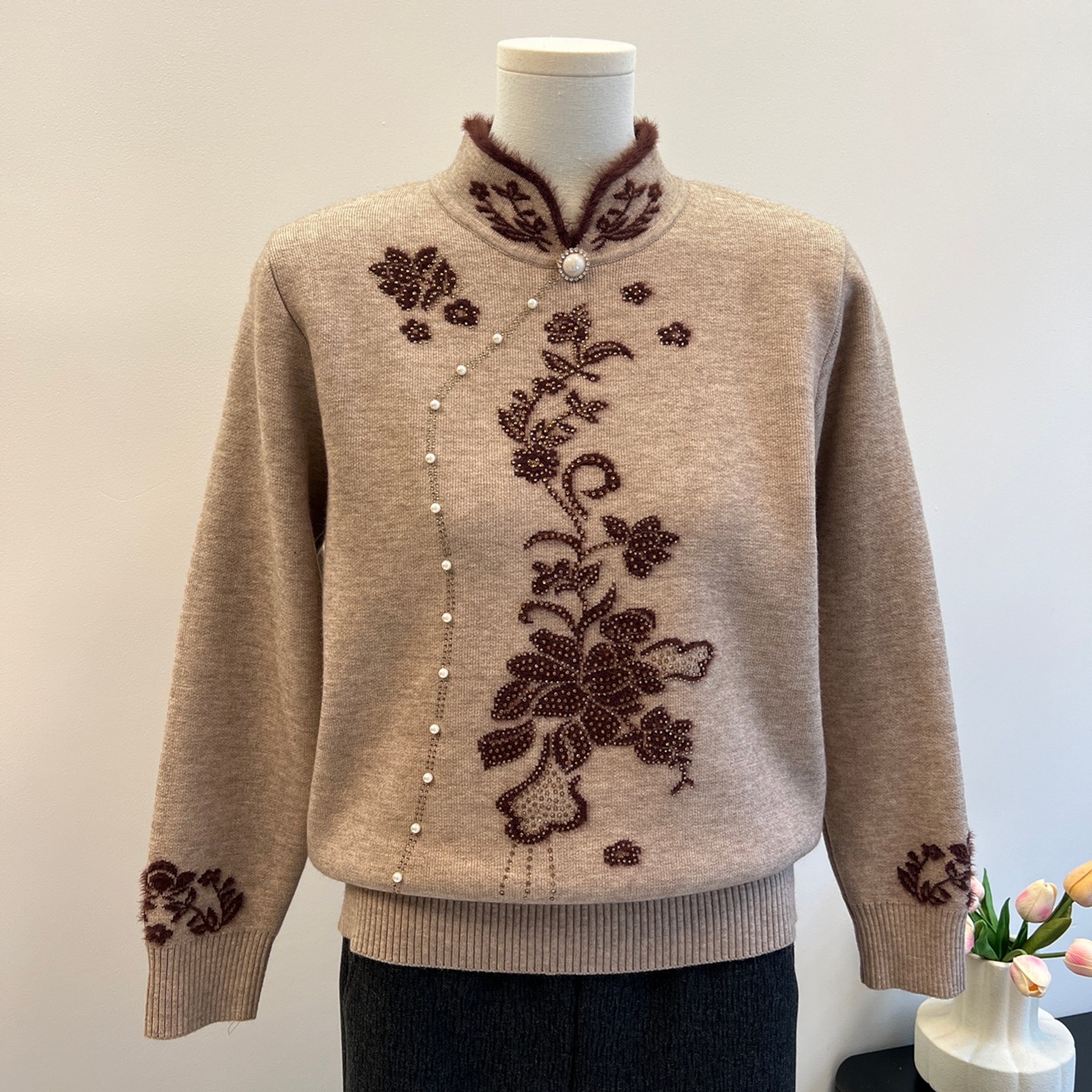 中老年秋冬装一体绒毛衣女新款奶奶冬季上衣旗袍领妈妈加厚打底衫