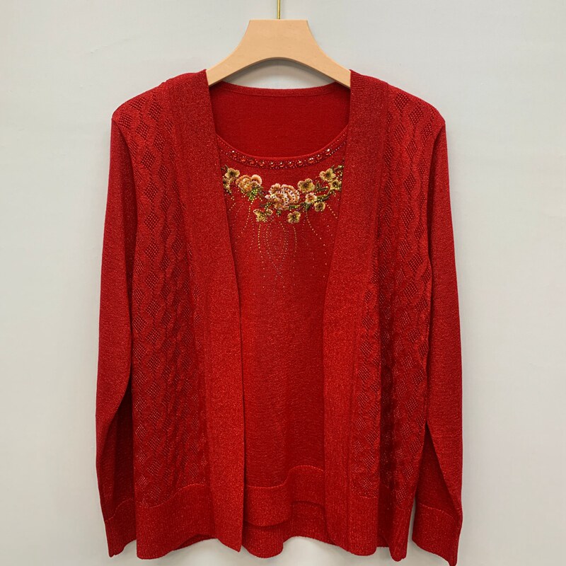 春秋外套薄款胖妈妈装假两件针织开衫中老年人女装外穿秋衣桑蚕丝