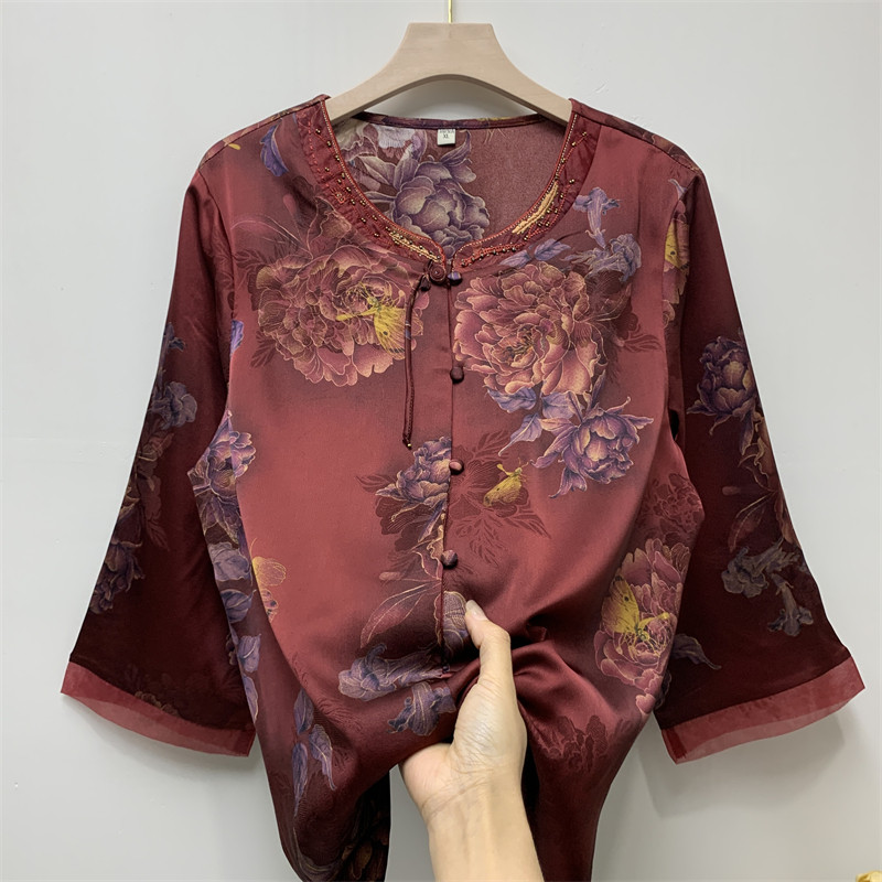 妈妈装夏季真丝衬衫新款中老年人奶奶桑蚕丝衬衣唐装香云纱上衣服