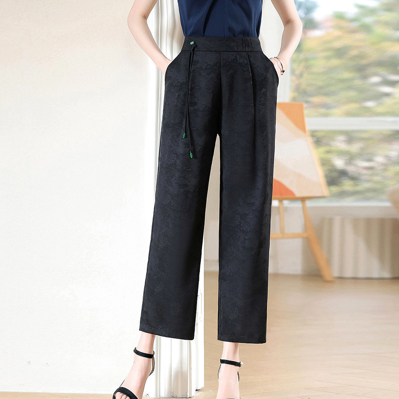 妈妈复古高贵阔腿裤女2024春夏季新款中老年冰丝九分裤高腰烟管裤