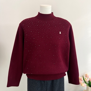 时尚妈妈冬装加绒加厚打底衫半高领洋气一体绒套头毛衣中老年女装