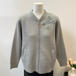 时尚妈妈秋冬装加绒加厚针织开衫50岁60中老年女装一体绒拉链外套