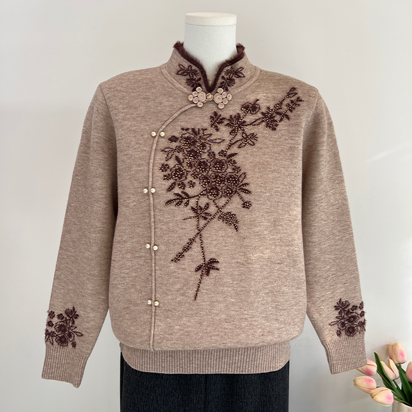 中式国风奶奶保暖一体绒毛衣