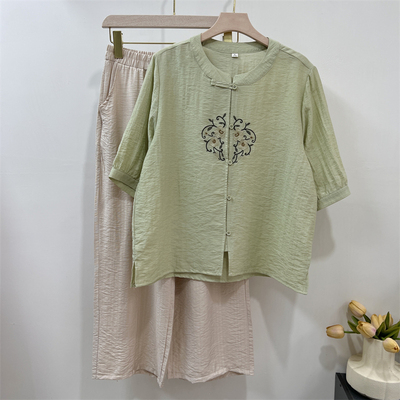 奶奶夏季苎麻阔腿裤两件套