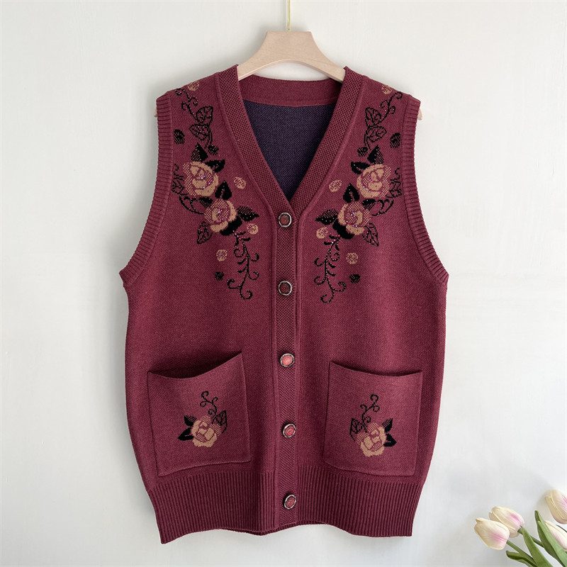 奶奶装秋冬针织马甲坎肩背心中老年人女装大码宽松妈妈款羊毛马夹