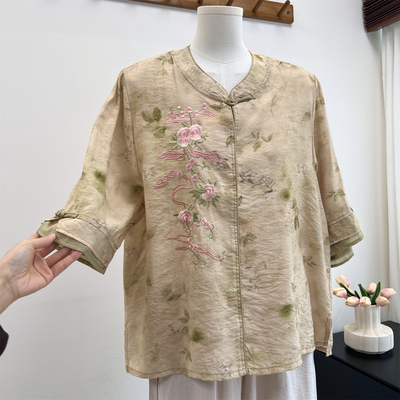 奶奶夏季中式衬衫两件套阔腿裤