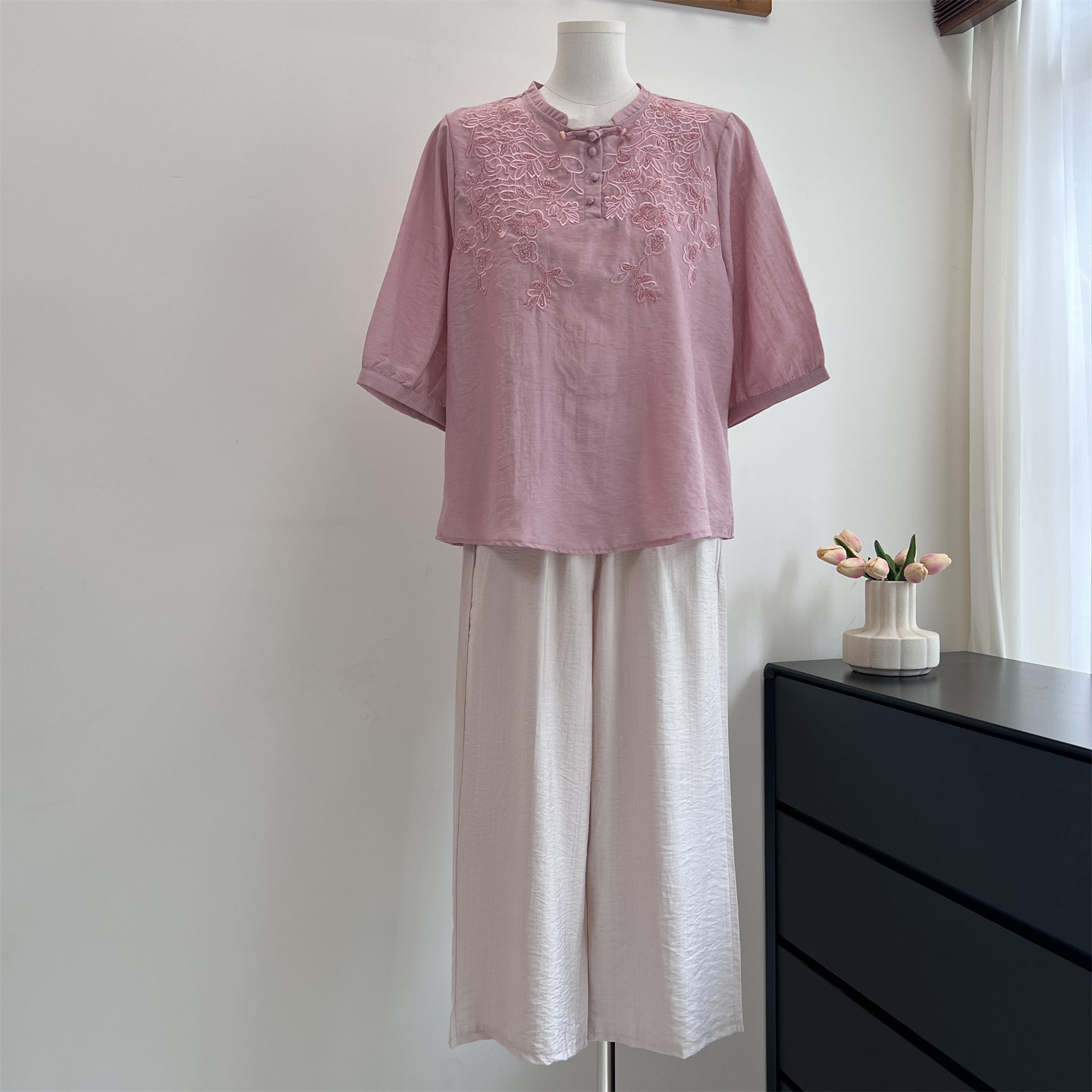 妈妈夏装中袖仿棉麻亚麻衬衫套装中老年女装妈妈上衣阔腿裤两件套