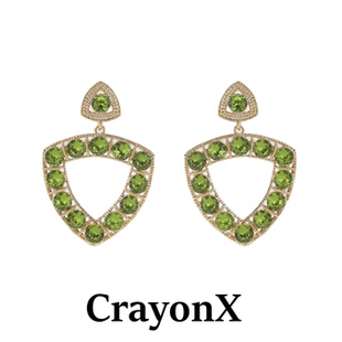 CrayonX原創設計重工立體鏤空異形愛心橄欖綠銀針鋯石耳飾