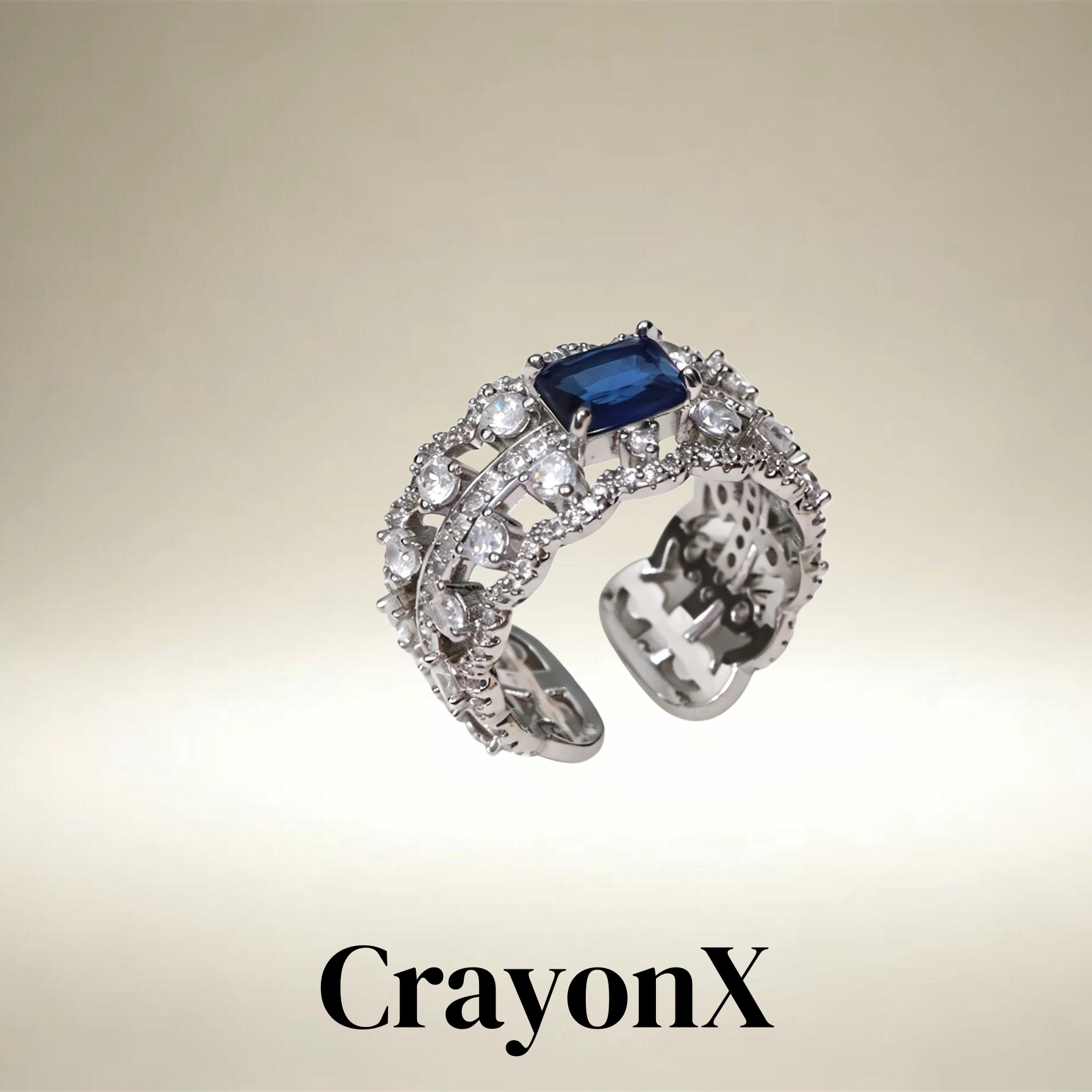 crayonx 几何元素 镶钻戒指女蓝宝石双排钻开口可调节食指戒合集